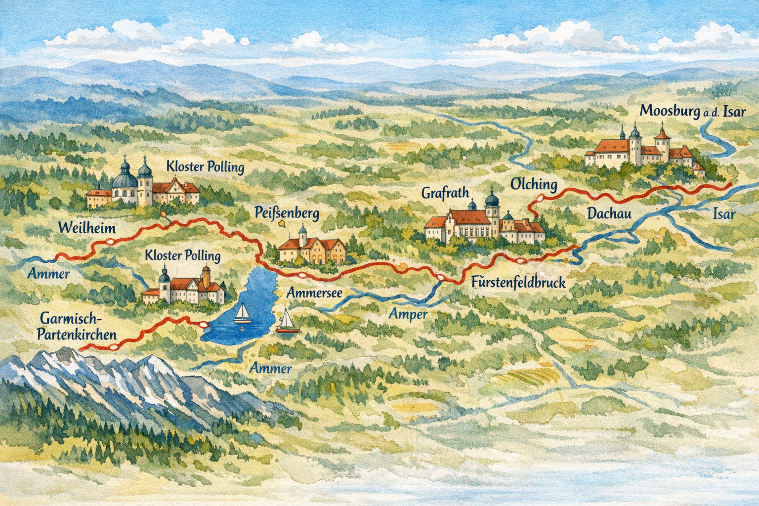 Ammer-Amper-Radweg 1 () detailed illustrated route map of the Ammer-Amper-Radweg showing the full path from Garmisch-Partenkirchen through