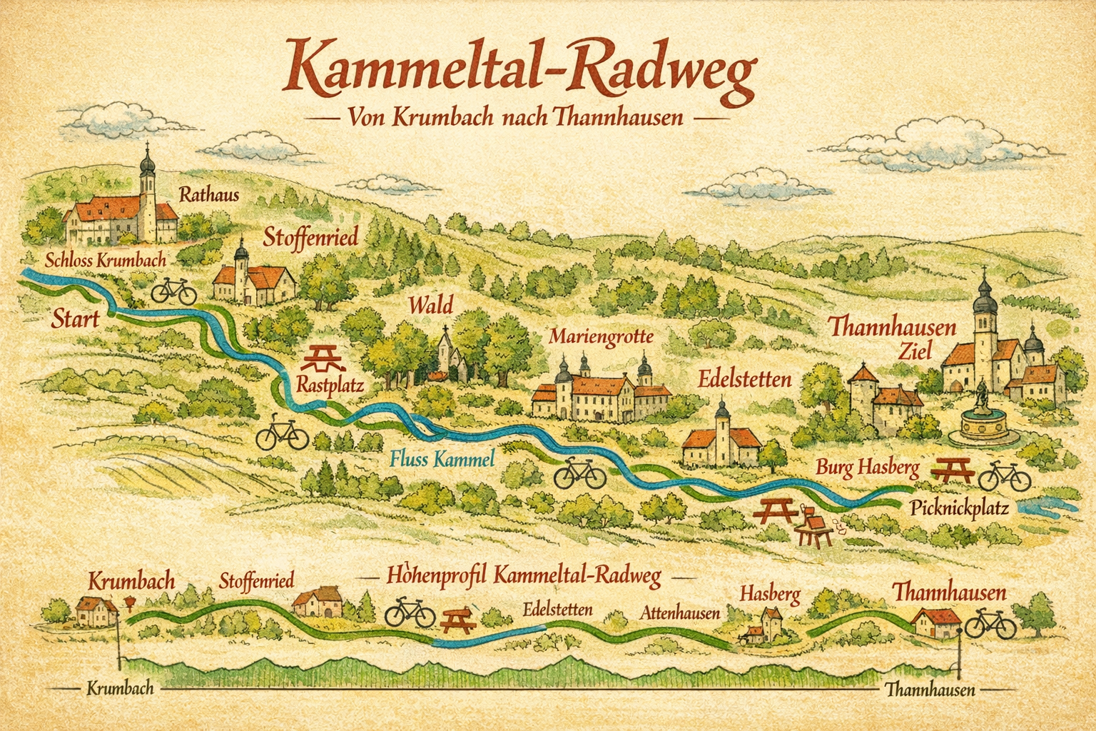 () detailed illustrated route map of the Kammeltal-Radweg showing the cycling path from Krumbach to Thannhausen along the