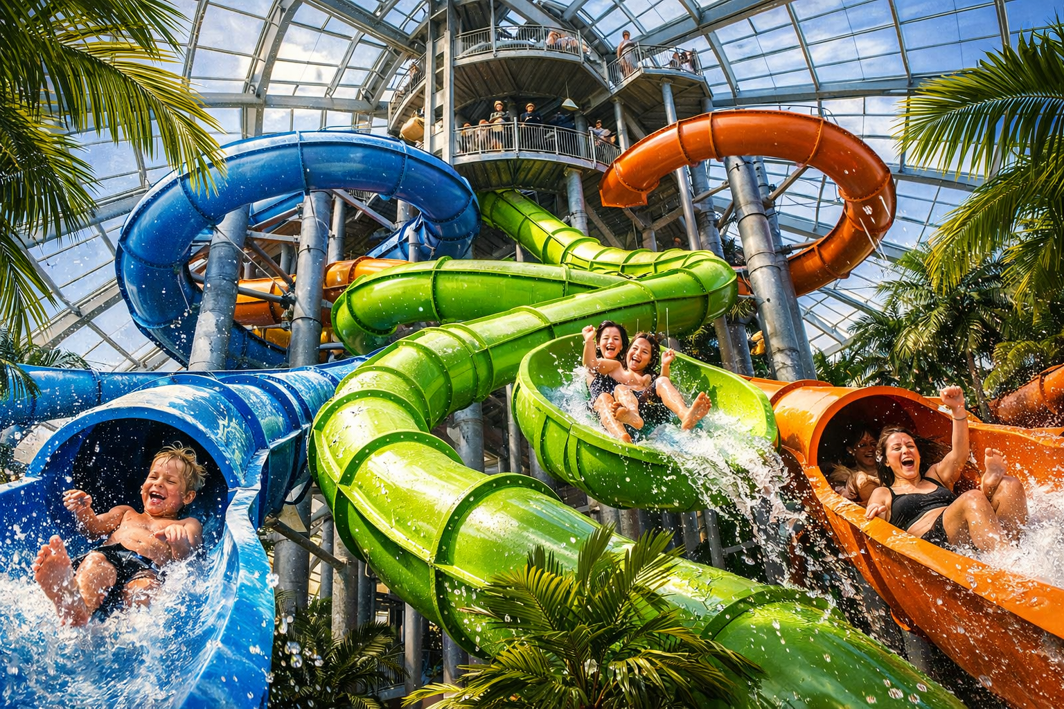 () detailed illustration of the Galaxy Rutschenwelt slide complex at Therme Erding: multiple intertwining water slides in