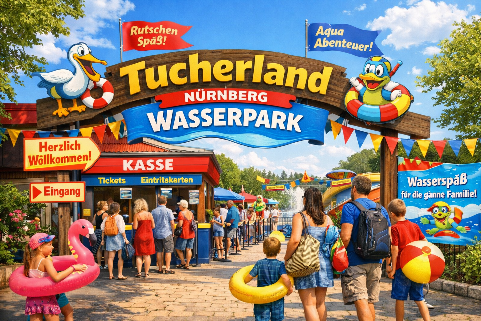 () detailed illustration of the Tucherland Nürnberg Wasserpark entrance gate with cheerful families arriving, colorful