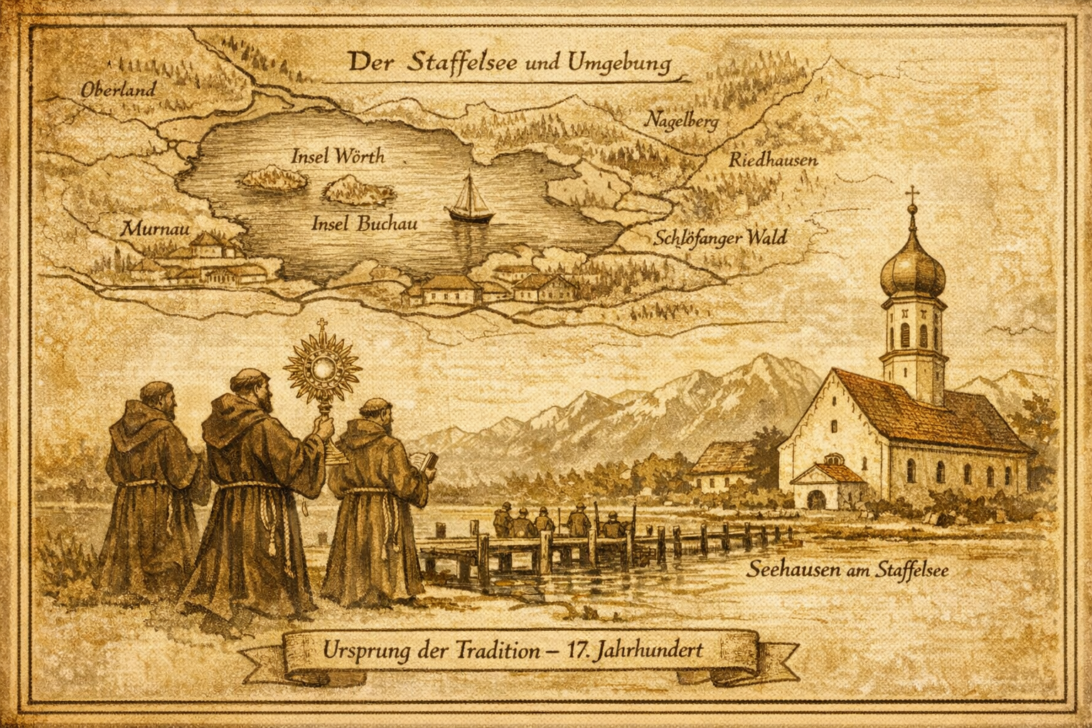 () detailed illustration of the historical origins of the Seeprozession at Staffelsee: antique map of the Staffelsee region