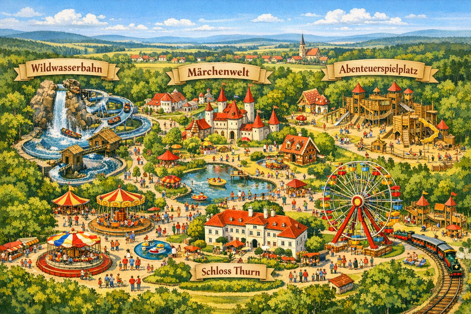 Erlebnispark Schloss Thurn (Heroldsbach) 1 () detailed illustration of the main attraction areas inside Erlebnispark Schloss Thurn Heroldsbach, showing a panoramic