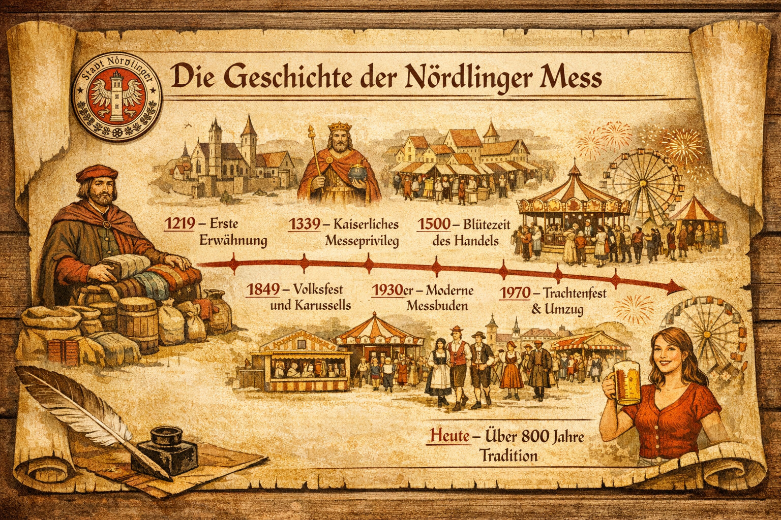 () detailed illustration showing a historical timeline of the Nördlinger Mess tradition — an aged parchment scroll design