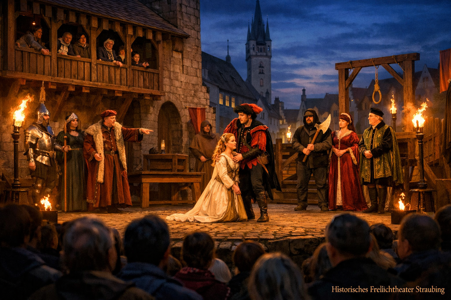 () detailed illustration showing a medieval Bavarian open-air theater stage at the Agnes-Bernauer-Festspiele in Straubing,