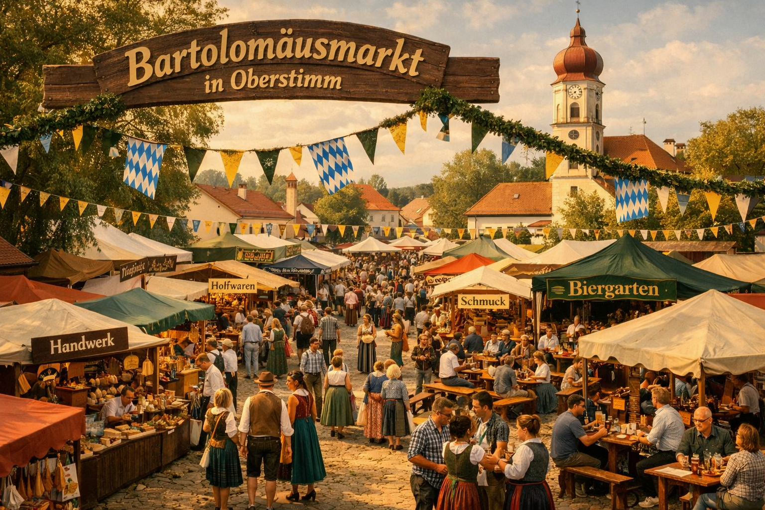 () detailed illustration showing a traditional Bavarian Bartholomäus market in Oberstimm near Ingolstadt, aerial perspective