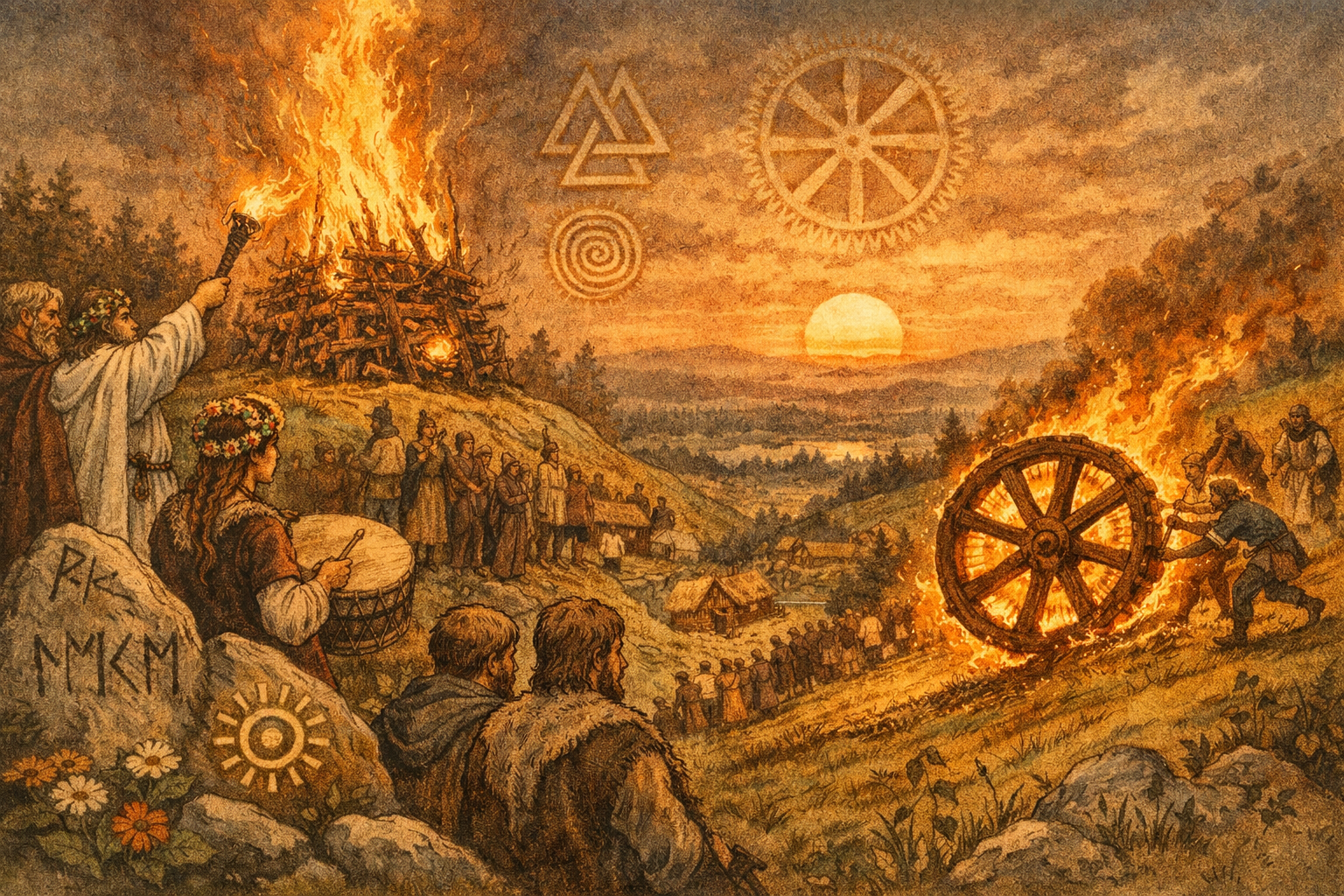 () detailed illustration showing the historical and cultural roots of Sonnwendfeuer in Bavaria: a medieval-style scene with