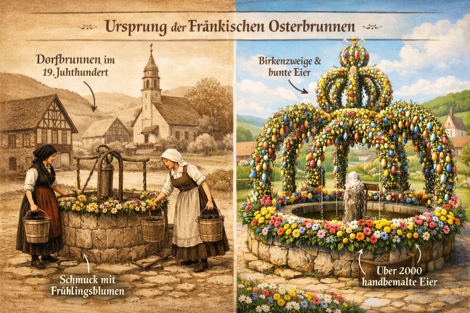 () detailed illustration showing the historical origins of the Fränkische Osterbrunnen tradition in Fränkische Schweiz.