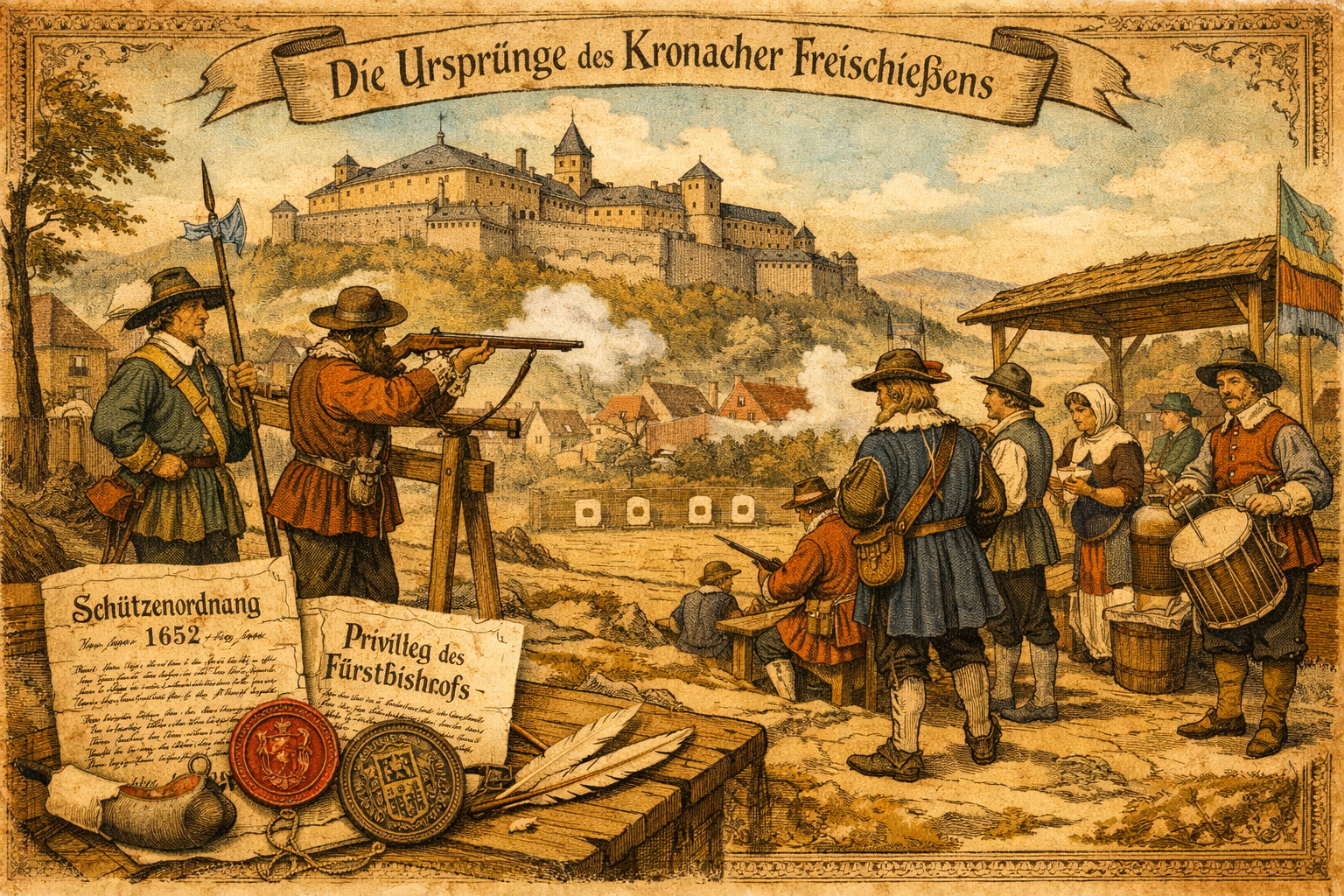 () detailed illustration showing the historical origins of the Kronacher Freischießen tradition: a vintage-style scene