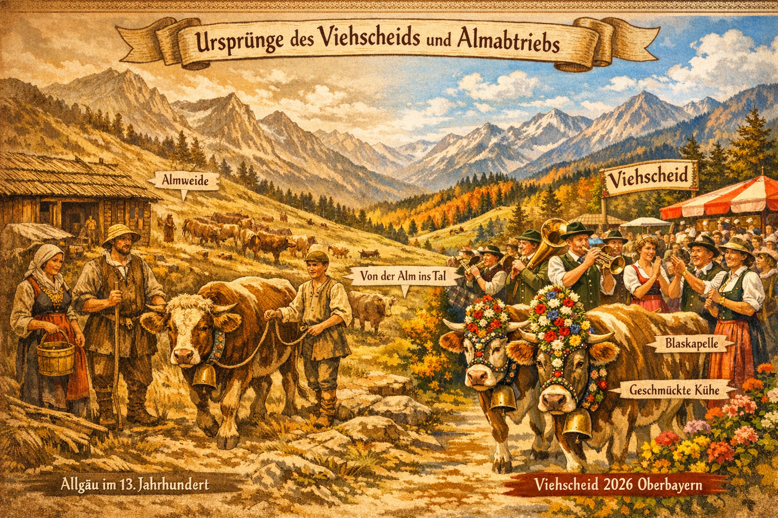 () detailed illustration showing the historical origins of the Viehscheid and Almabtrieb tradition: a split-scene