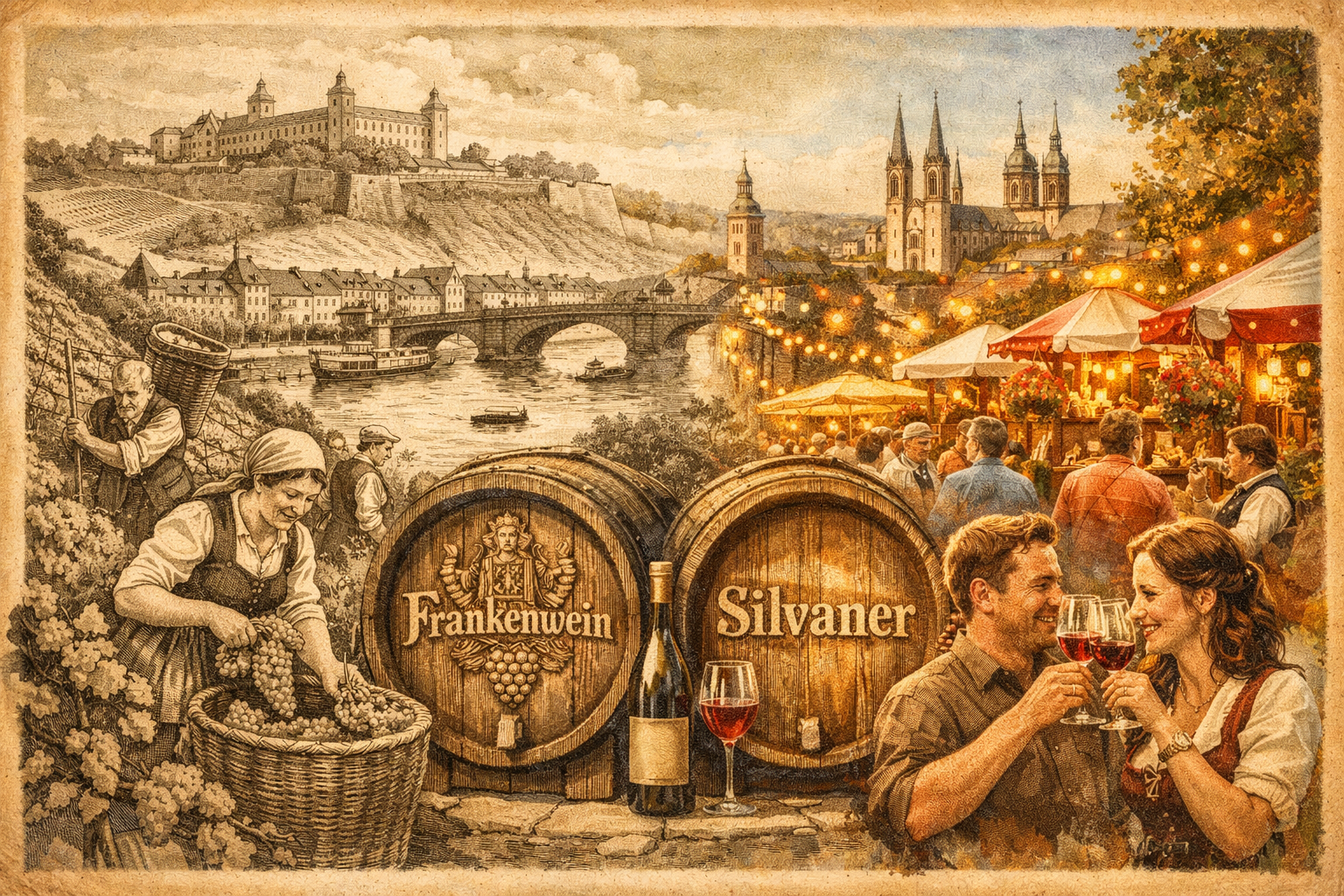 () detailed illustration showing the historical origins of the Würzburger Weindorf tradition, featuring a vintage-style