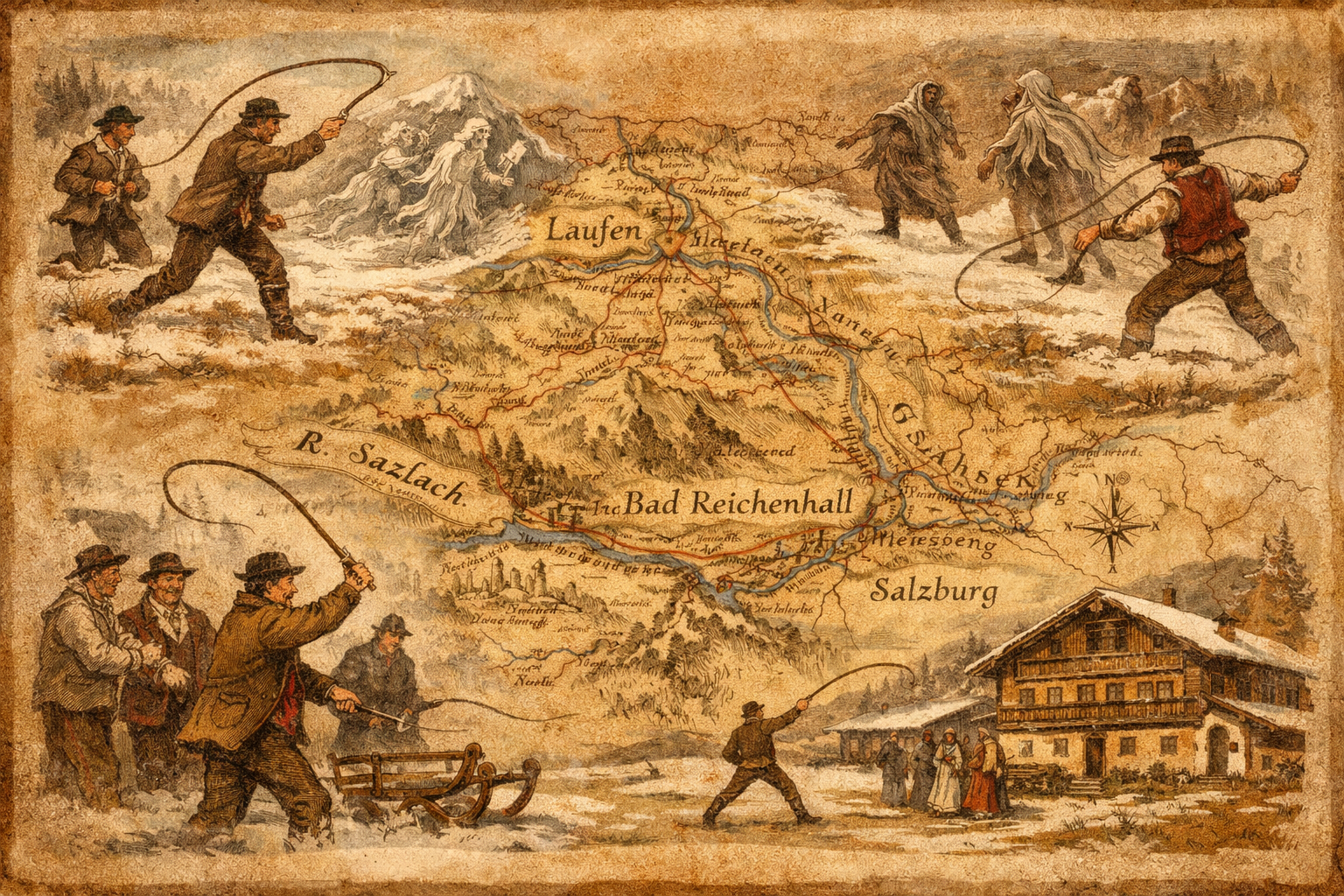 Aperschnalzen (Rupertiwinkel) 1 () detailed illustration showing the historical roots of Aperschnalzen in the Rupertiwinkel region of Bavaria, featuring an