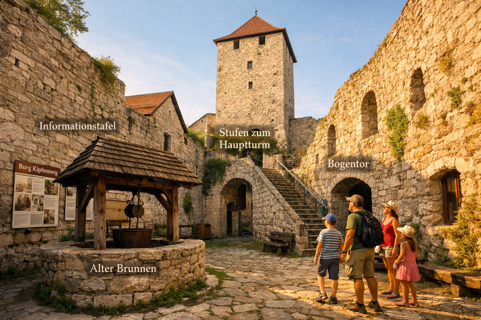 () detailed image of the interior courtyard of Burg Kipfenberg showing medieval stone walls, arched gateways, and ancient