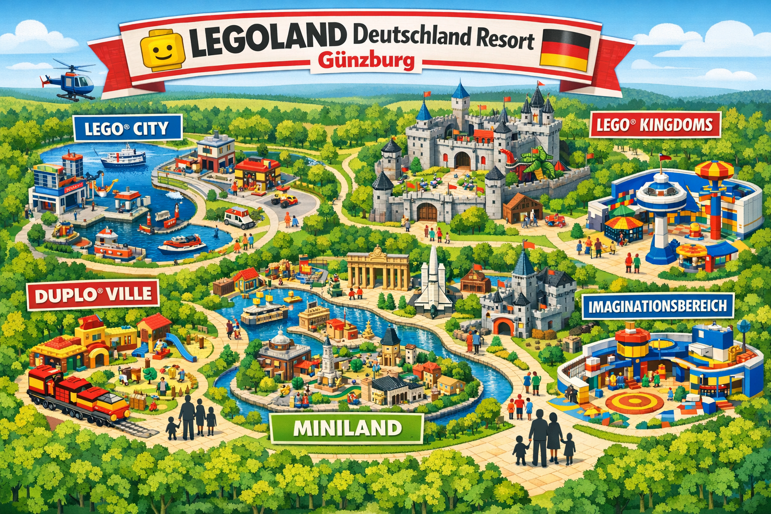 () detailed infographic-style illustration showing Legoland Deutschland Resort Günzburg park map layout with labeled themed