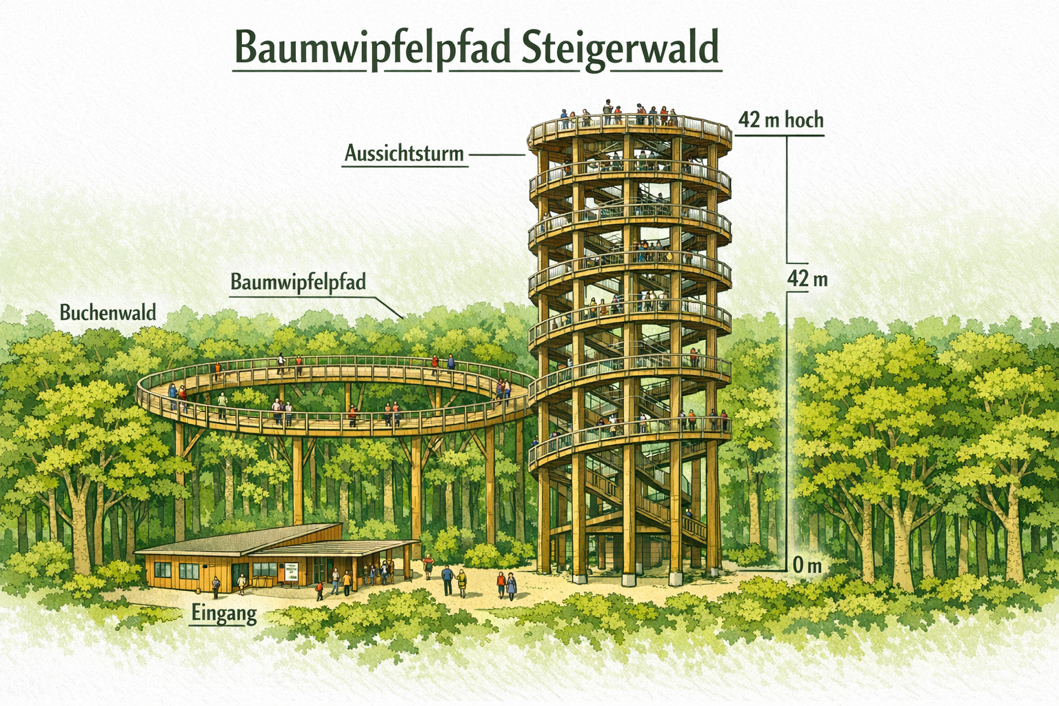 () detailed infographic-style illustration showing a cross-section diagram of the Baumwipfelpfad Steigerwald attraction: the