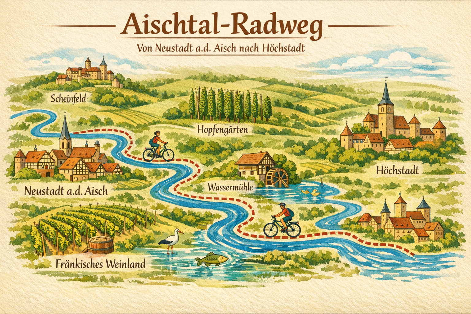 () detailed infographic-style illustration showing a map of the Aischtal-Radweg route from Neustadt an der Aisch to
