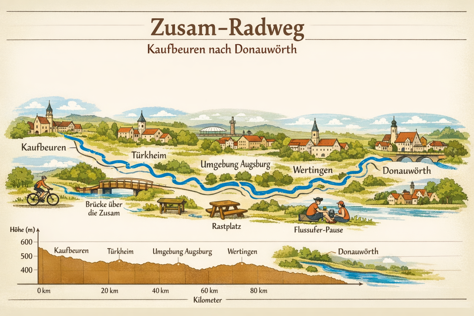 Zusam-Radweg 1 () detailed infographic-style illustration showing a stylized map of the Zusam-Radweg route from Kaufbeuren to Donauwörth in