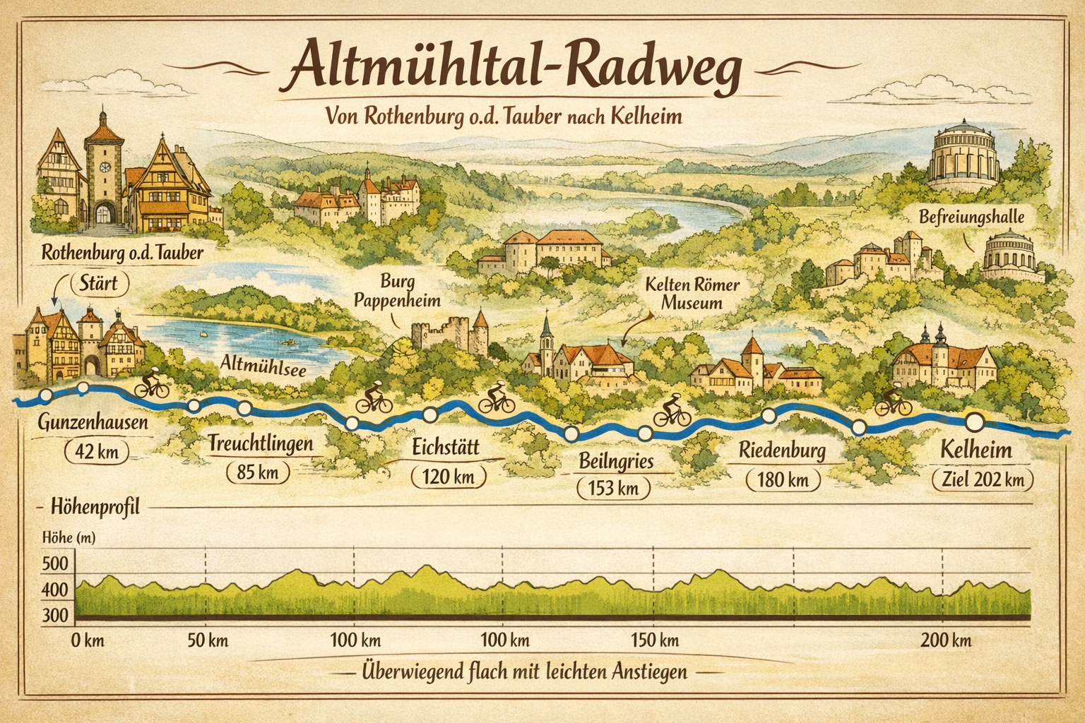 () detailed infographic-style illustration showing the Altmühltal-Radweg route map from Rothenburg ob der Tauber to Kelheim,