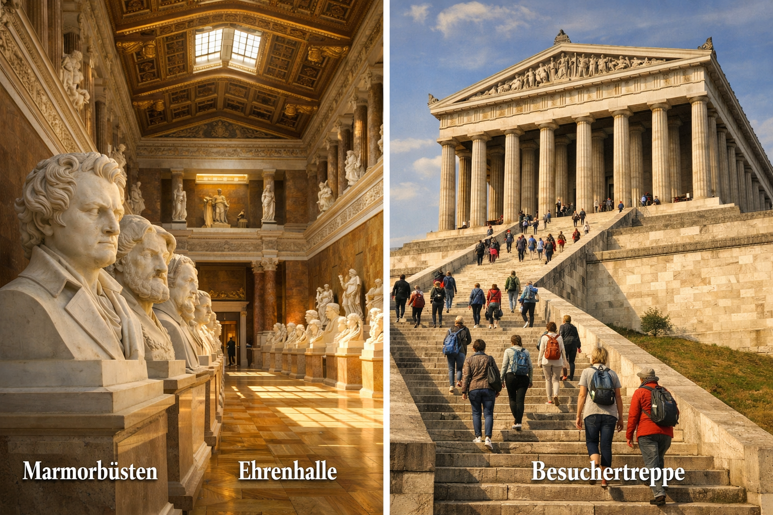 () detailed interior and exterior collage of Walhalla Donaustauf: left side shows the marble busts of Germanic heroes lining