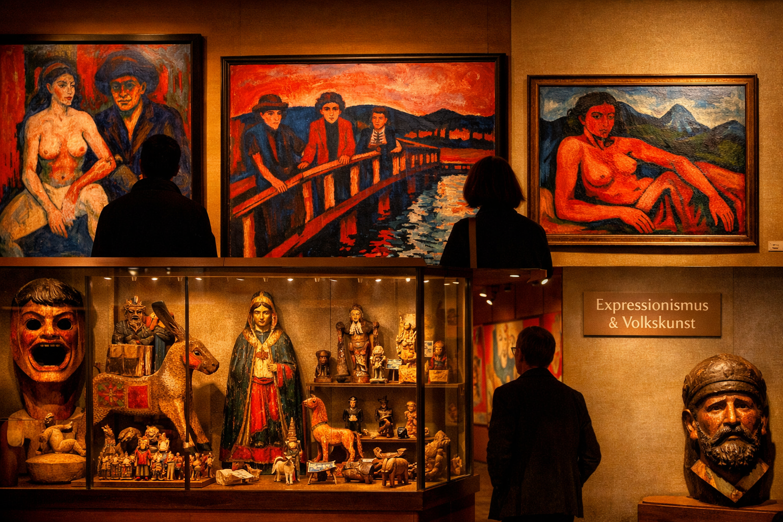 () detailed interior collage of the Buchheim Museum der Phantasie Bernried: expressionist paintings in reds and blues