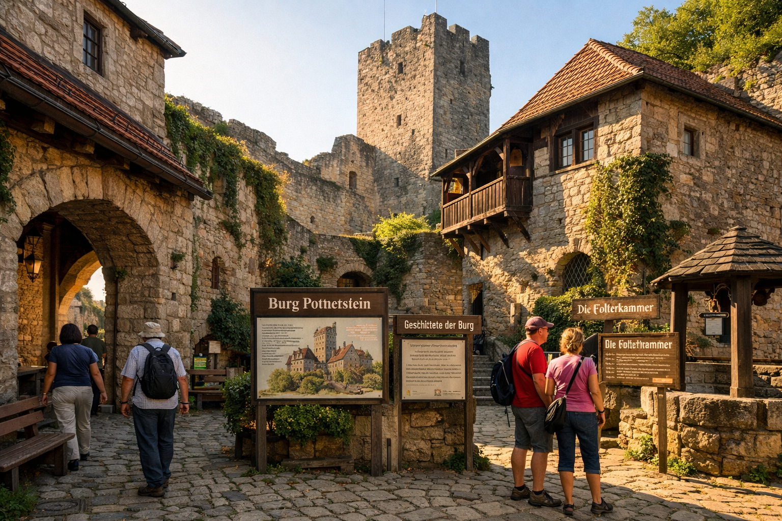 Burg Pottenstein 1 () detailed interior courtyard view of Burg Pottenstein showing medieval stone archways, cobblestone paths, and ancient