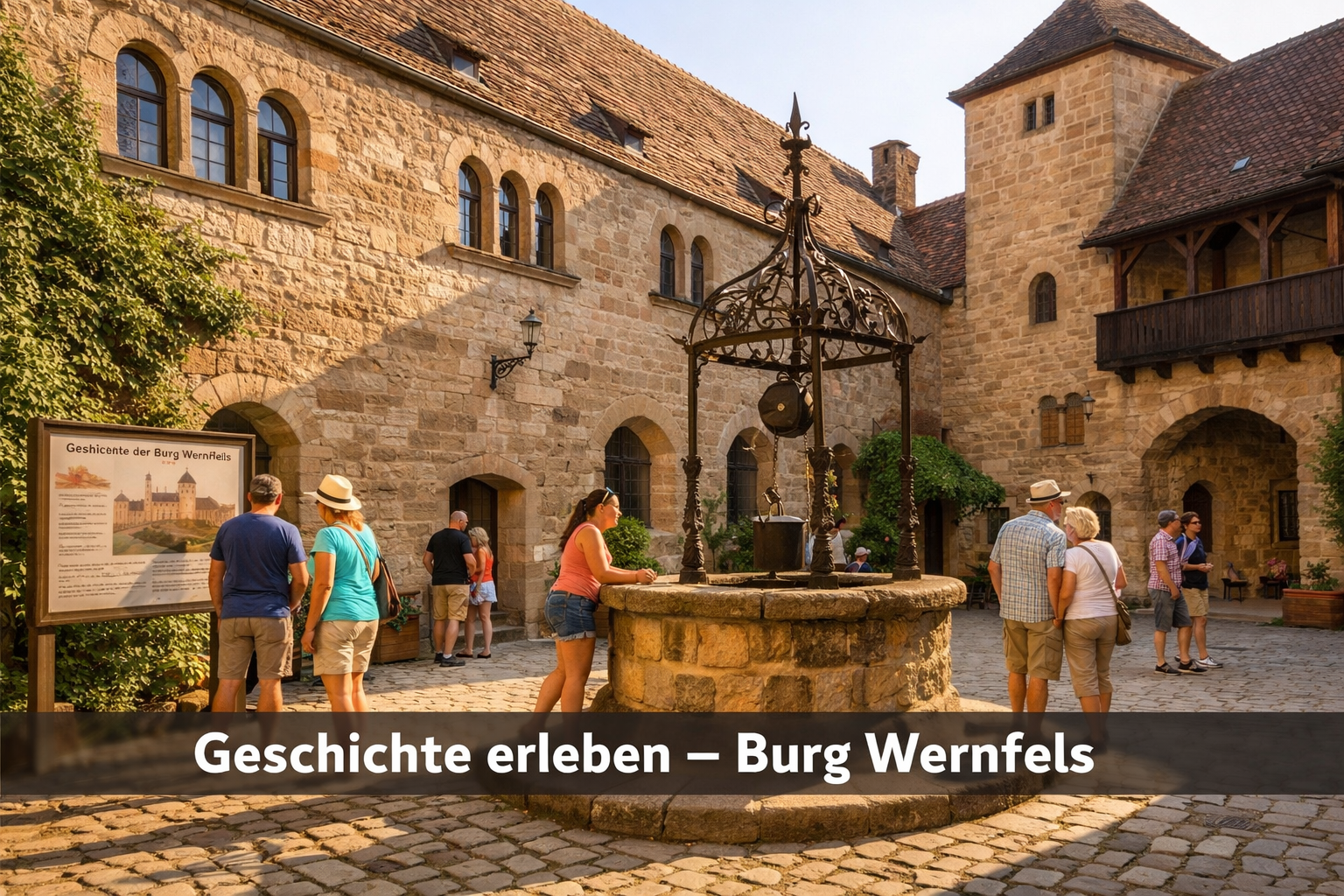 Burg Wernfels 1 () detailed interior courtyard view of Burg Wernfels castle in Bavaria, Germany – ancient stone walls with arched windows,