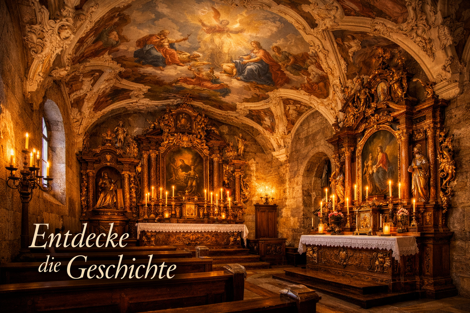 Schloss Hohenaschau 1 () detailed interior scene of Schloss Hohenaschau showing the historic Schlosskapelle with ornate baroque frescoes, carved