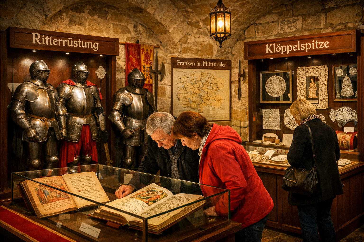 () detailed interior shot of the Burg Abenberg museum rooms, showcasing medieval knight armor, illuminated manuscripts, and