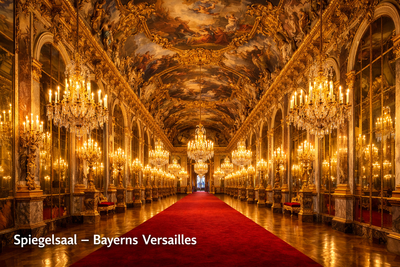 () detailed interior shot of the Hall of Mirrors at Herrenchiemsee palace, gilded chandeliers casting warm golden light
