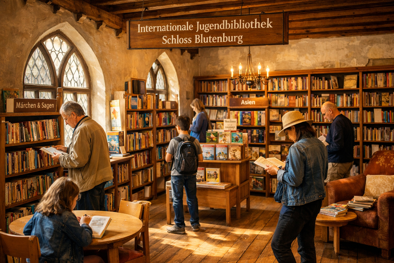 Schloss Blutenburg 1 () detailed interior shot of the Internationale Jugendbibliothek inside Schloss Blutenburg, wooden bookshelves filled with