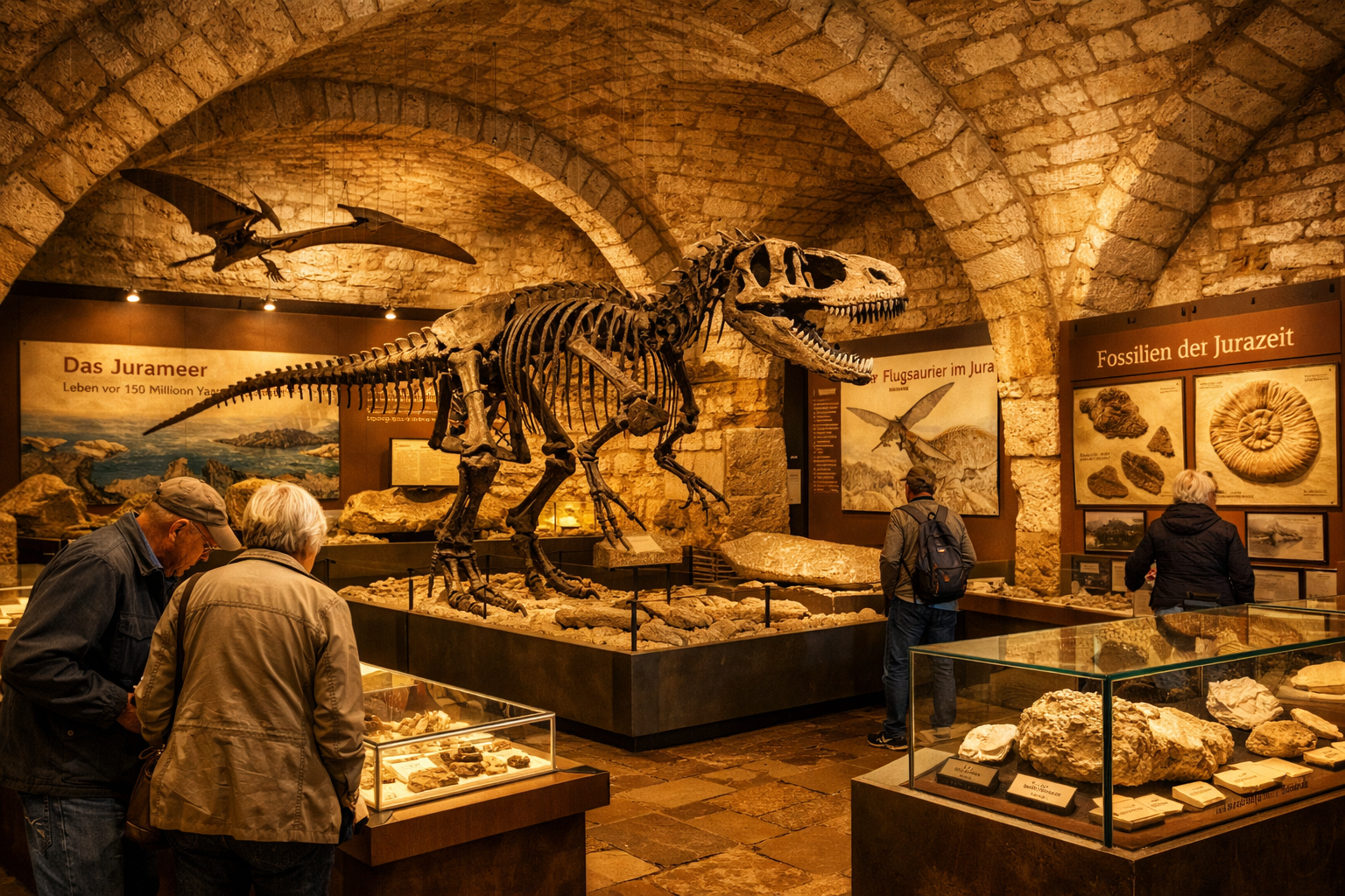 Willibaldsburg 1 () detailed interior shot of the Jura-Museum inside Willibaldsburg, showcasing fossilized dinosaur skeletons and Jurassic