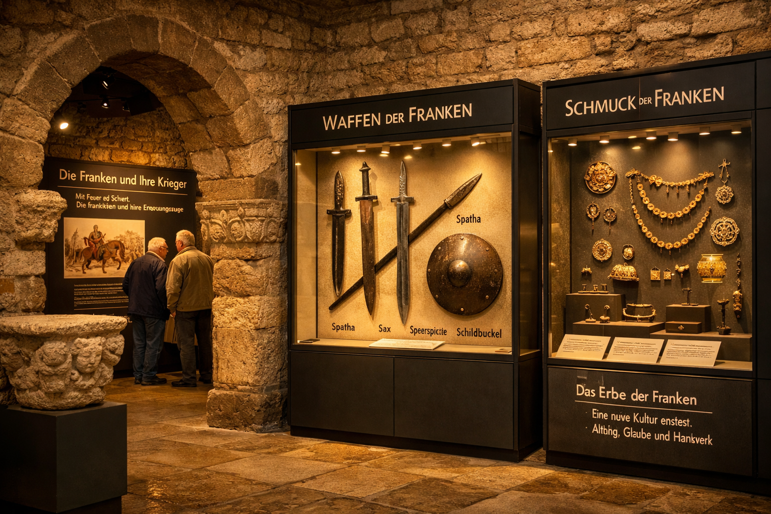 Kaiserpfalz Forchheim 1 () detailed interior shot of the Kaiserpfalz Forchheim museum exhibition hall, showing medieval artifacts, illuminated