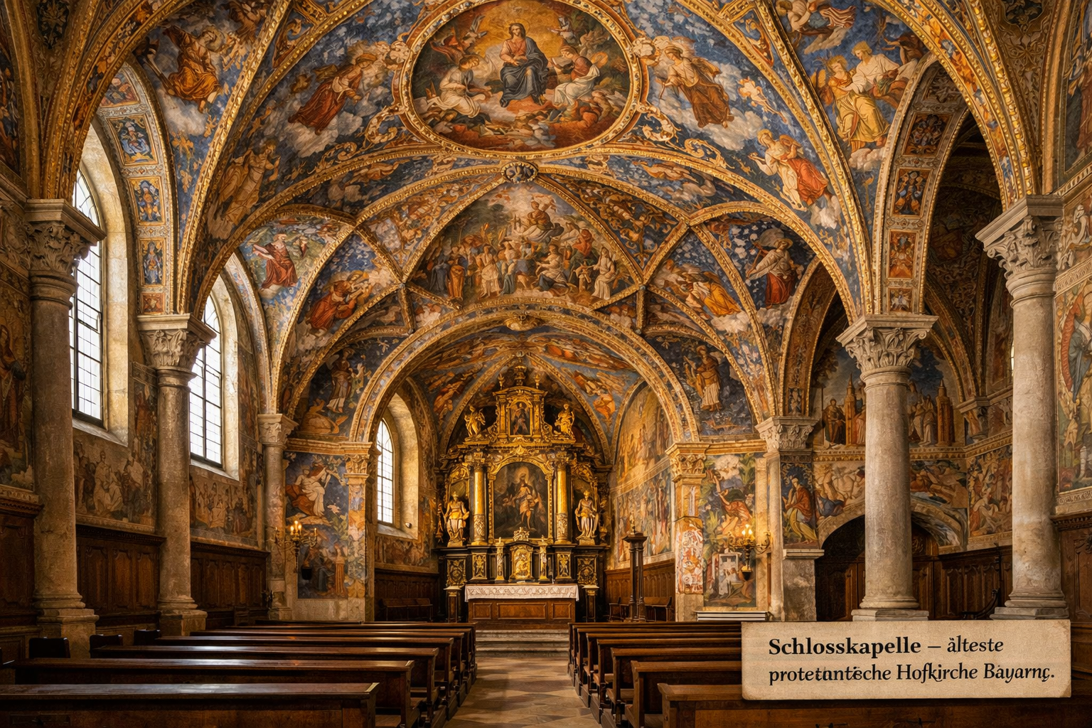 () detailed interior shot of the Schlosskapelle (palace chapel) inside Schloss Neuburg an der Donau, showing the stunning