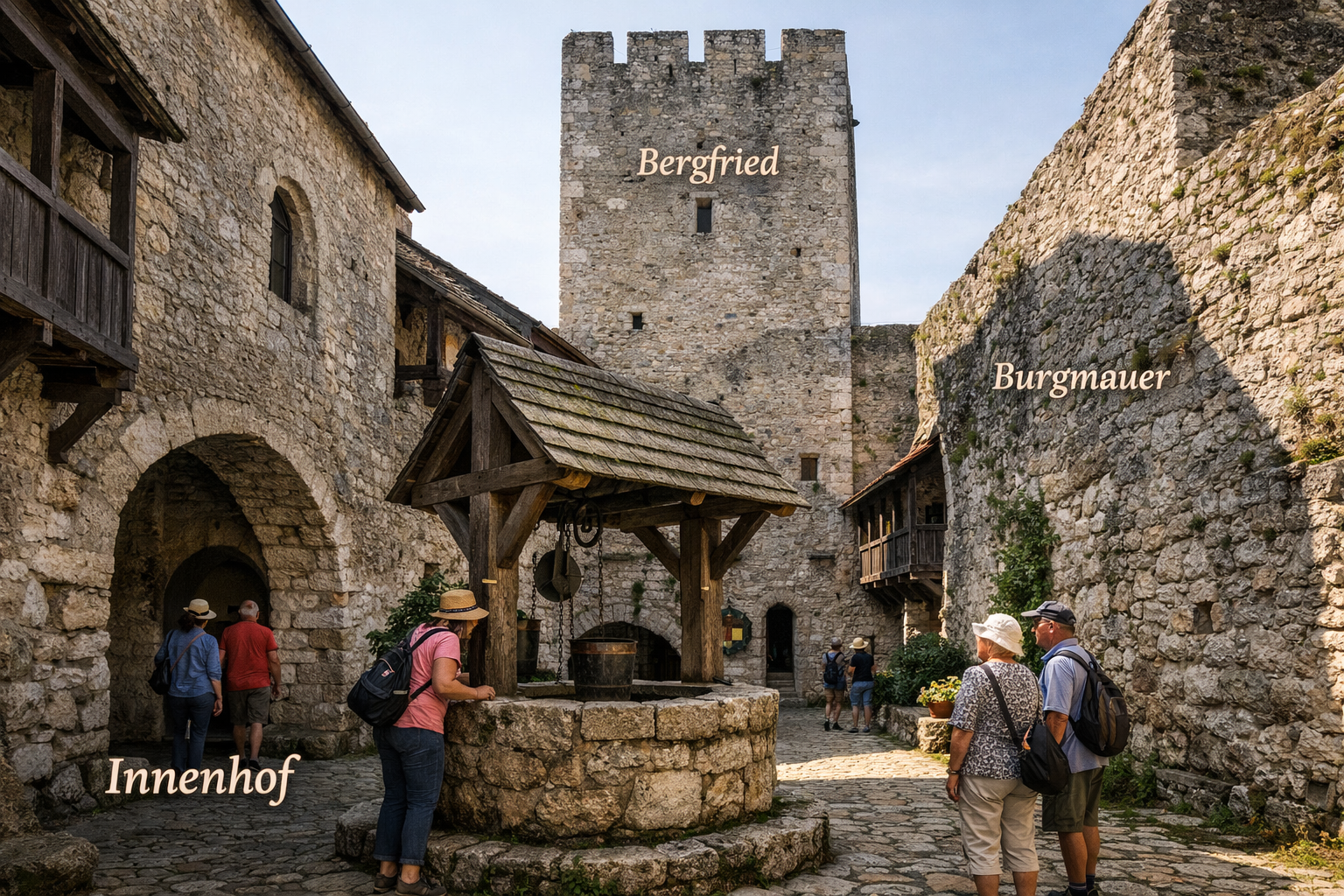 Burg Wolfsegg 1 () detailed interior view of Burg Wolfsegg showing the historic stone courtyard with medieval well, arched passageways, and