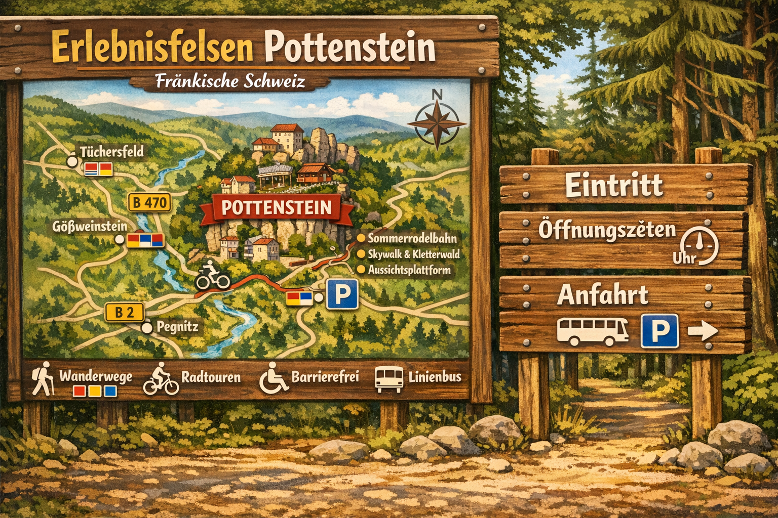 () detailed map and visitor information scene for Erlebnisfelsen Pottenstein, showing a stylized illustrated regional map of