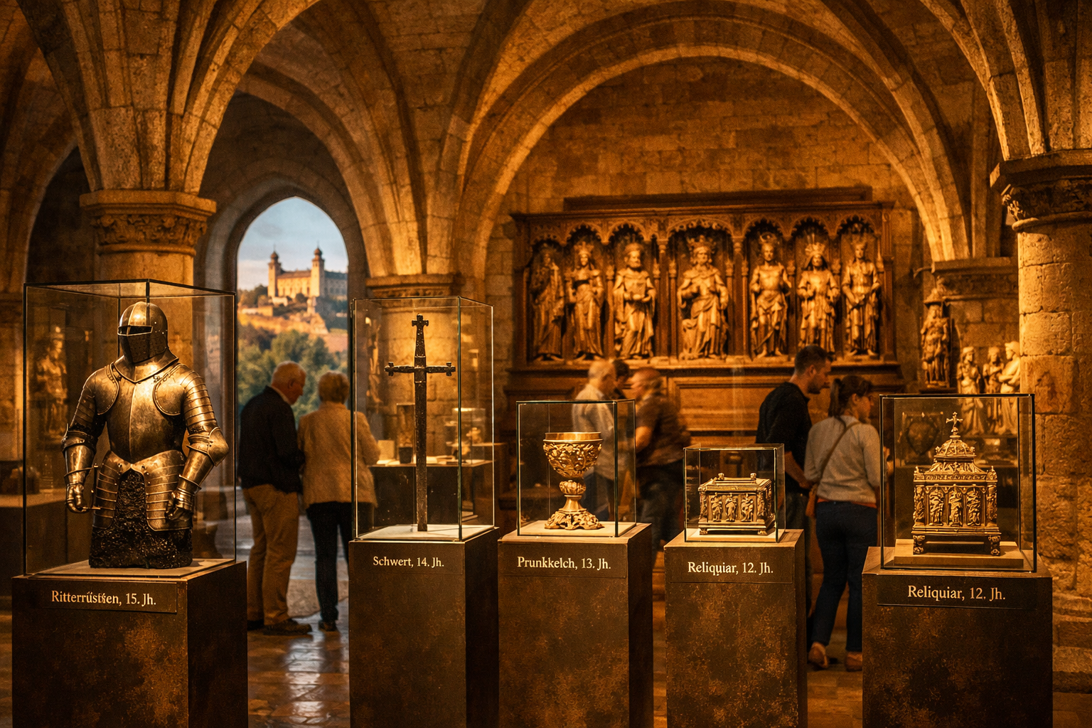 () detailed museum interior shot of the Museum für Franken in Würzburg, showing a grand vaulted stone hall with medieval