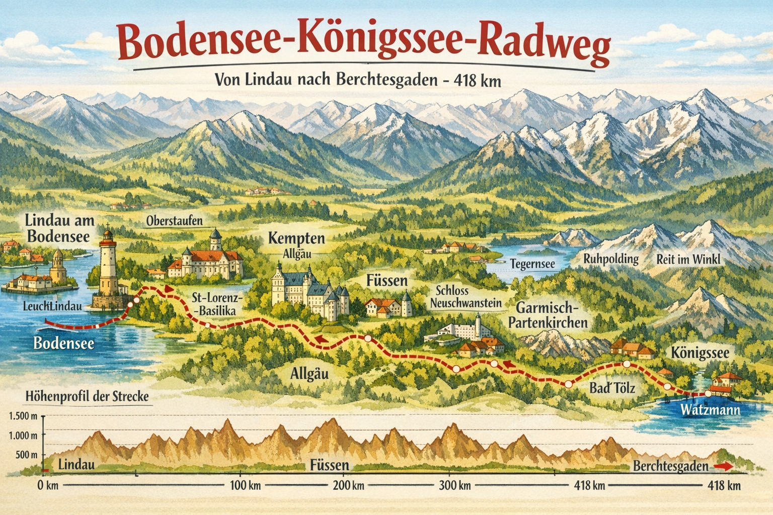 Bodensee-Königssee-Radweg 1 () detailed route map illustration of the Bodensee-Königssee-Radweg showing the full 418 km path from Lindau am Bodensee