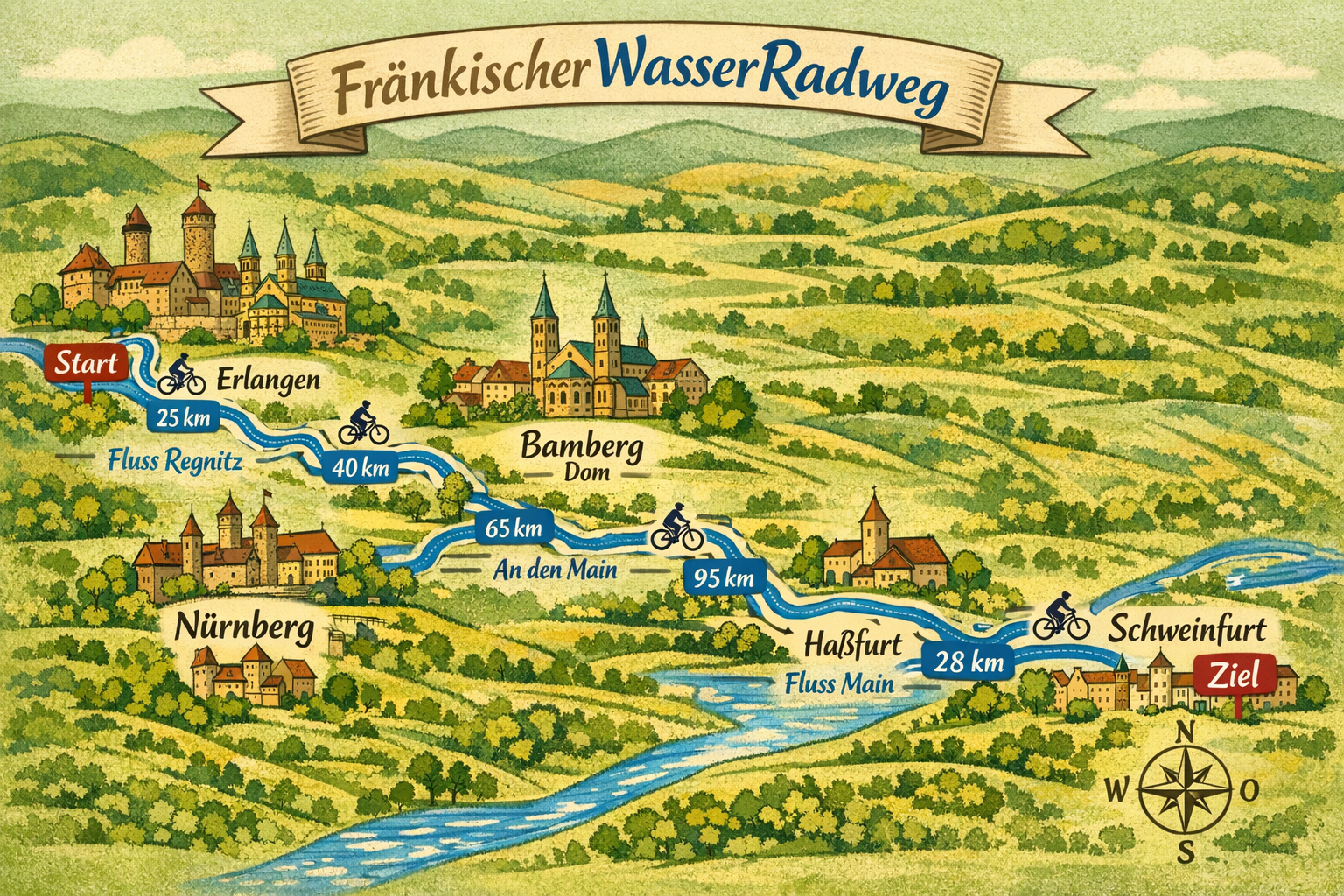 () detailed route map illustration of the Fränkischer WasserRadweg showing the cycling path from Nürnberg through Erlangen,