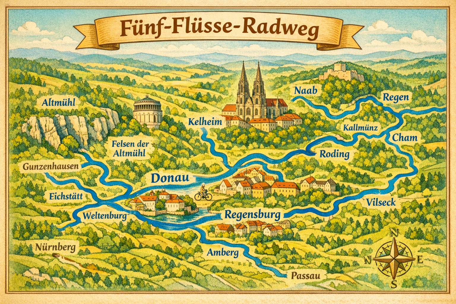 Fünf-Flüsse-Radweg 1 () detailed route map illustration of the Fünf-Flüsse-Radweg showing five rivers — Altmühl, Donau, Naab, Regen, Vils — as