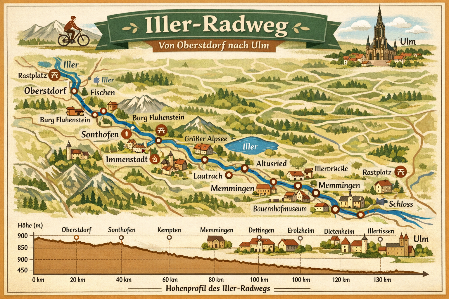 () detailed route map illustration of the Iller-Radweg showing the full path from Oberstdorf to Ulm along the Iller river,