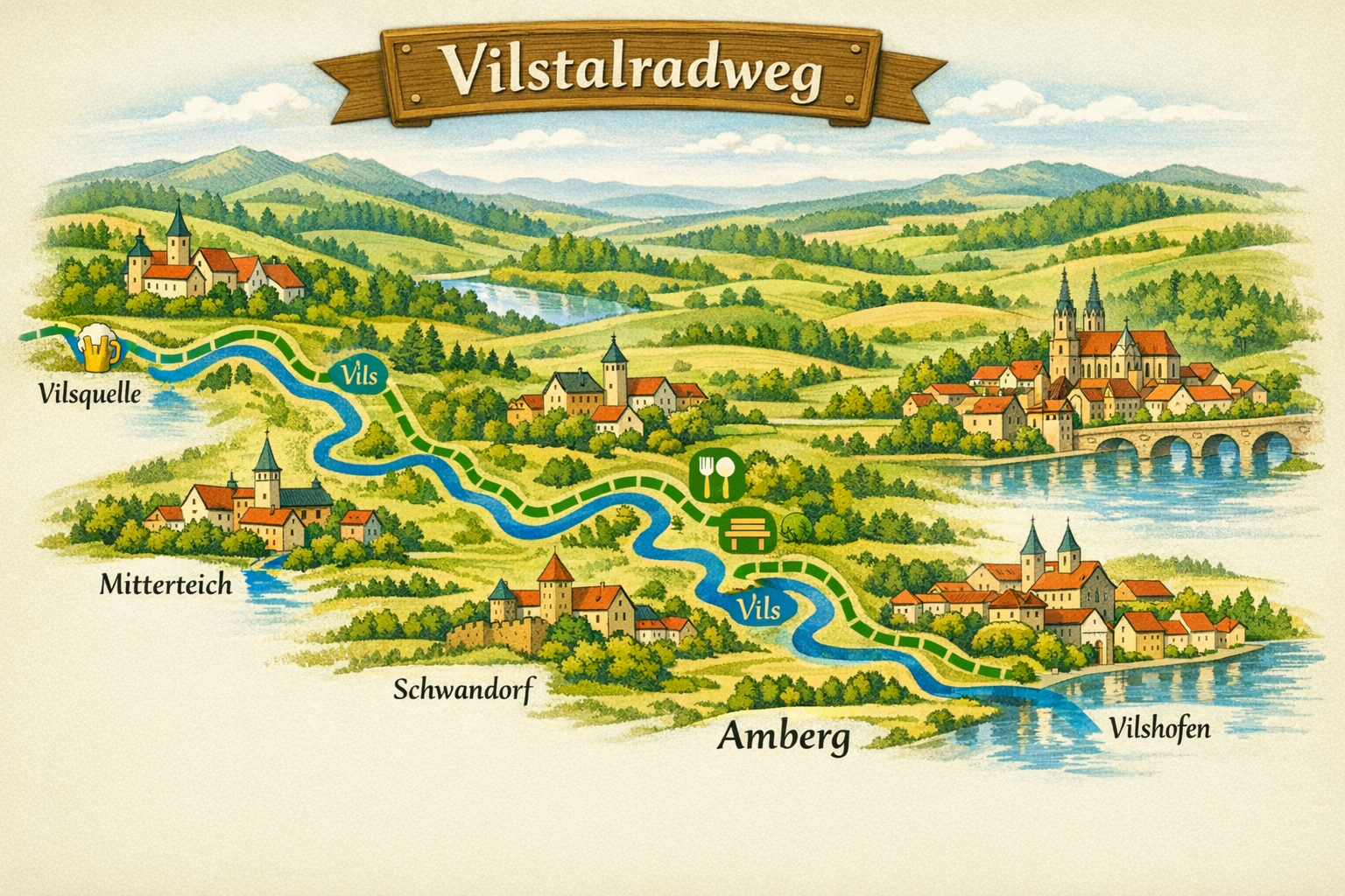 Vilstalradweg 1 () detailed route map illustration of the Vilstalradweg from Mitterteich to Vilshofen, showing key waypoints including