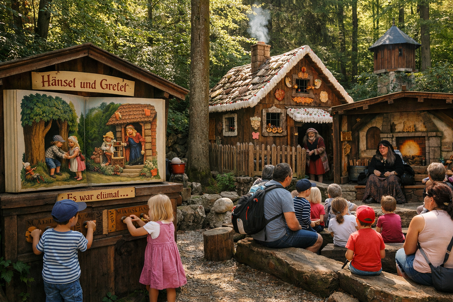 () detailed scene inside Märchen-Erlebnispark Marquartstein showing a whimsical fairy-tale themed play area with wooden