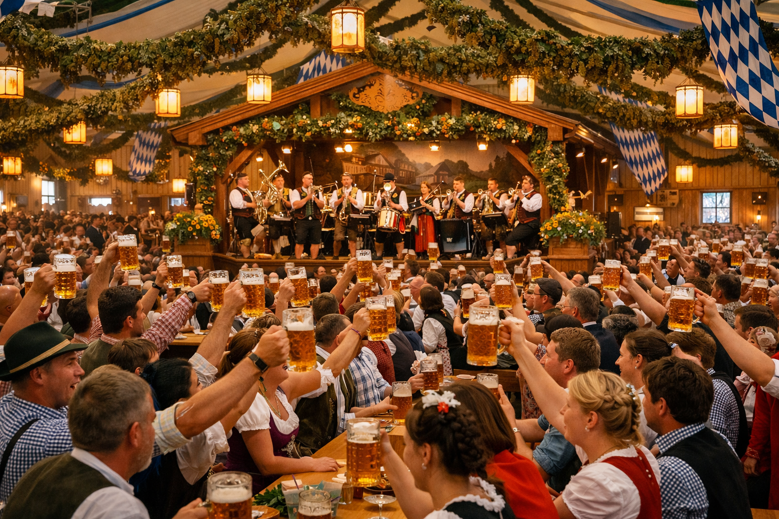 () detailed scene inside a grand Gäubodenvolksfest beer tent in Straubing: hundreds of guests in traditional Bavarian Tracht