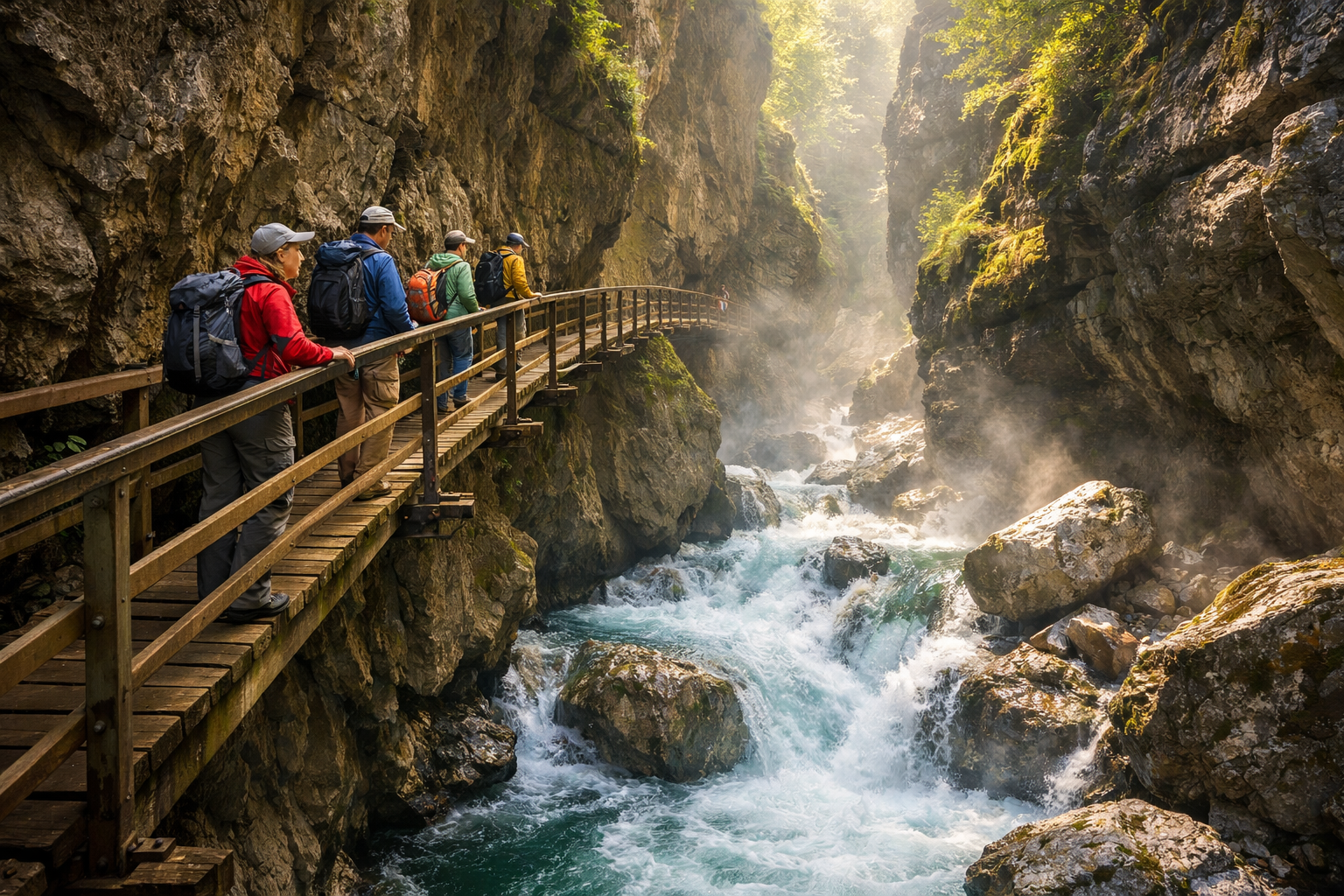 () detailed scene inside the Breitachklamm gorge showing the narrow wooden footbridge over the roaring Breitach river,