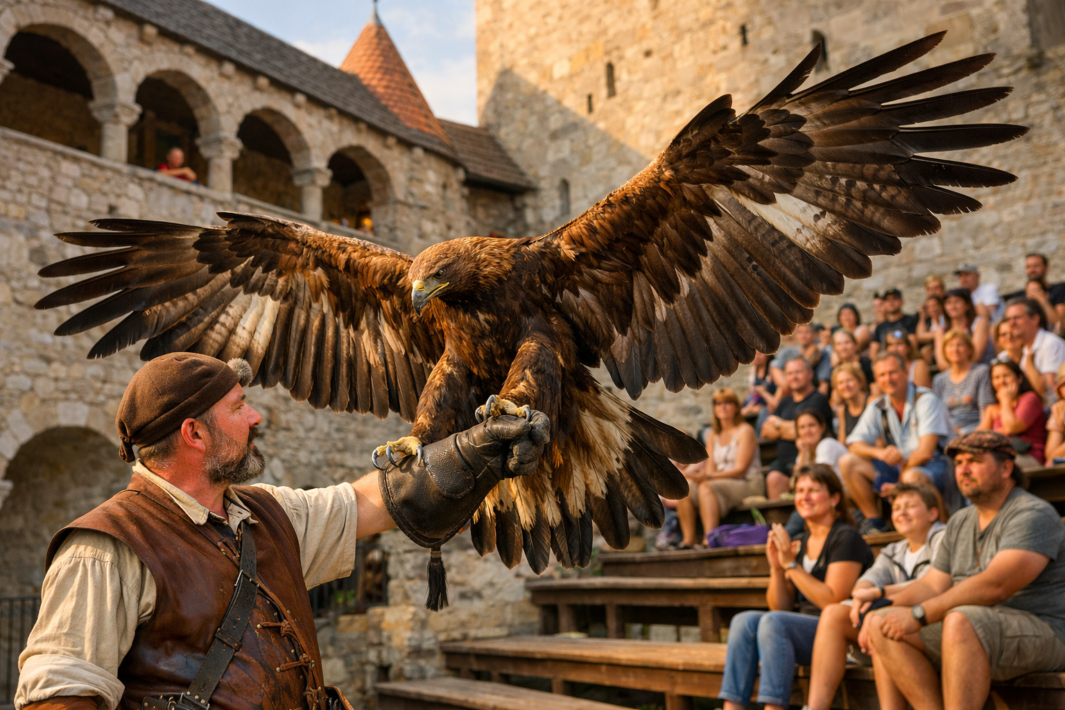 Falkenhof Schloss Rosenburg (Riedenburg) 1 () detailed scene inside the Falkenhof Schloss Rosenburg courtyard during a live falconry show. A trained golden eagle with