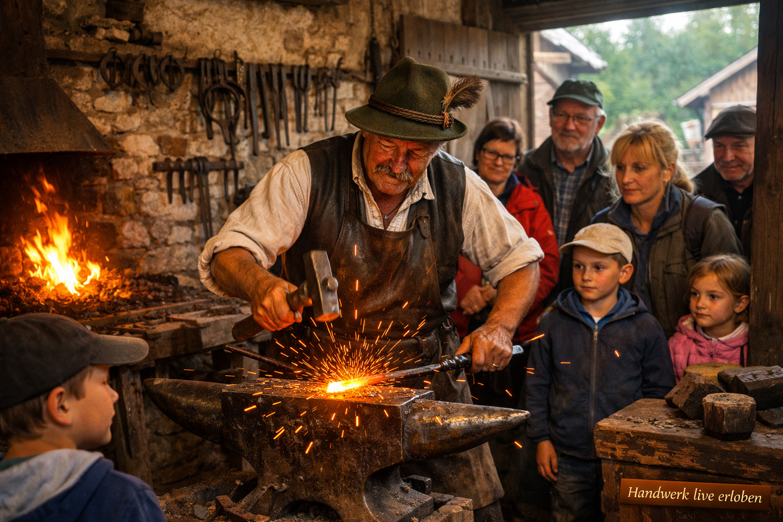 () detailed scene inside the Freilichtmuseum Glentleiten Großweil showing a craftsman demonstrating traditional Bavarian
