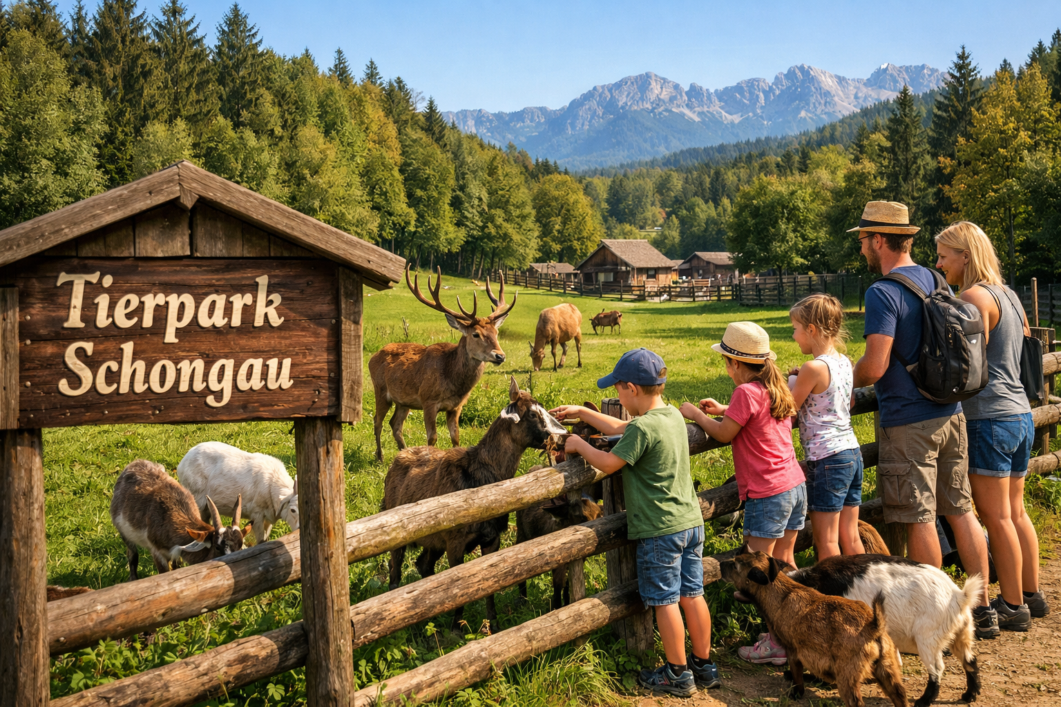() detailed scene inside the Schongauer Märchenwald und Tierpark: a wide meadow enclosure with deer and goats grazing near a