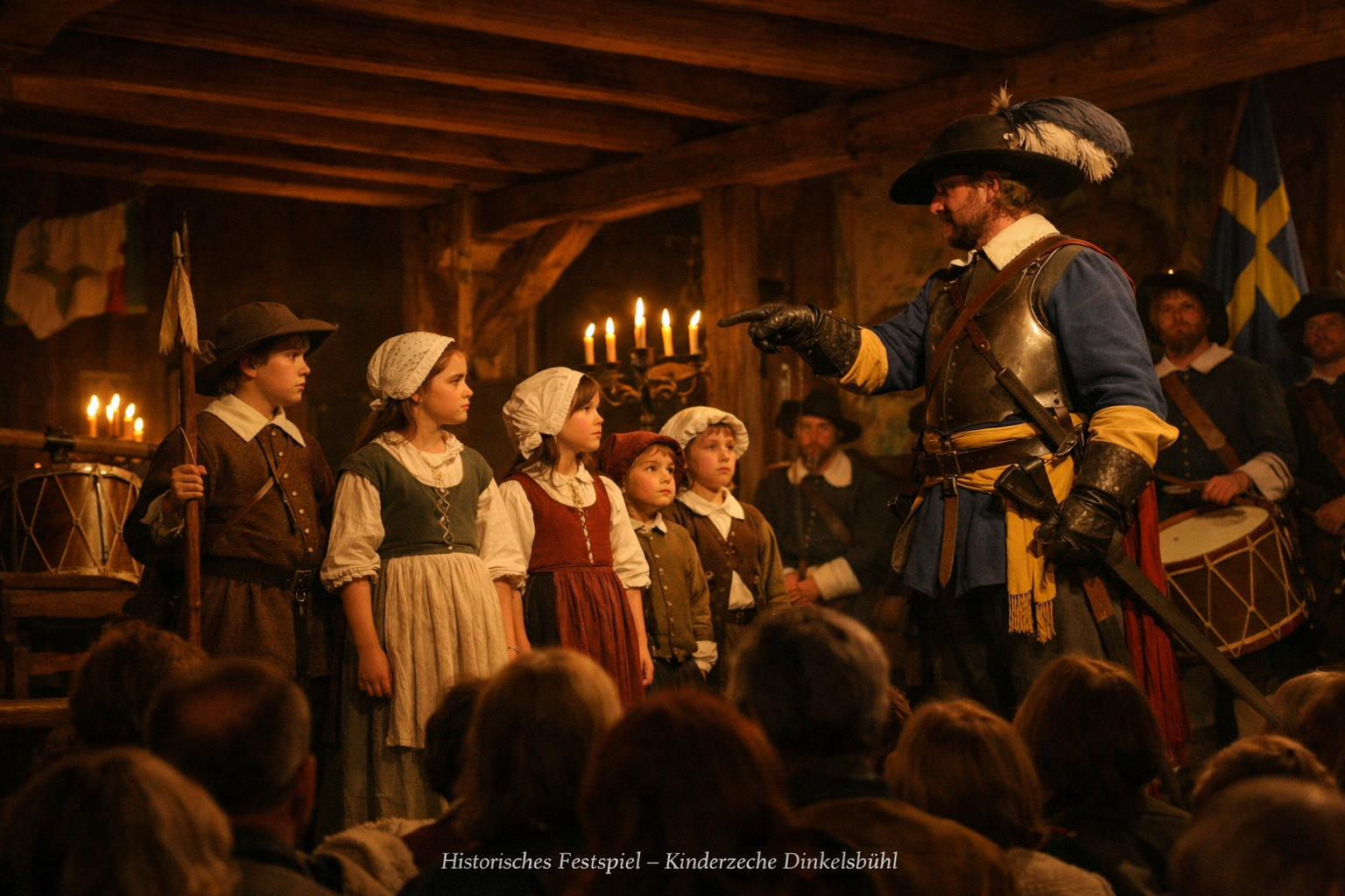 Kinderzeche (Dinkelsbühl) 1 () detailed scene inside the historic Dinkelsbühl Schranne festival hall during the Kinderzeche theatrical performance.