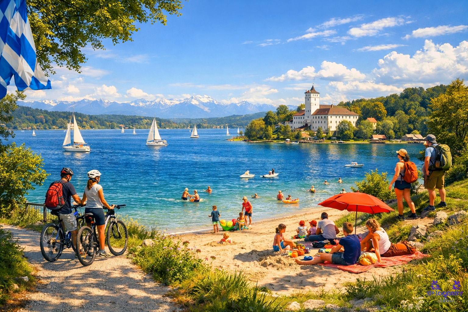 Starnberger See (Fünfseenland) 1 () detailed scene of Starnberger See Fünfseenland region showing a panoramic collage-style illustration: sailboats on the