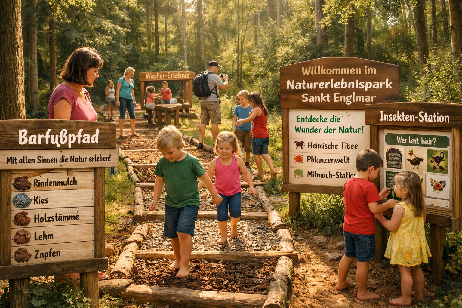 Waldwipfelweg und Naturerlebnispark (Sankt Englmar) 1 () detailed scene of families and children exploring the Naturerlebnispark Sankt Englmar: a wooden barefoot trail winding