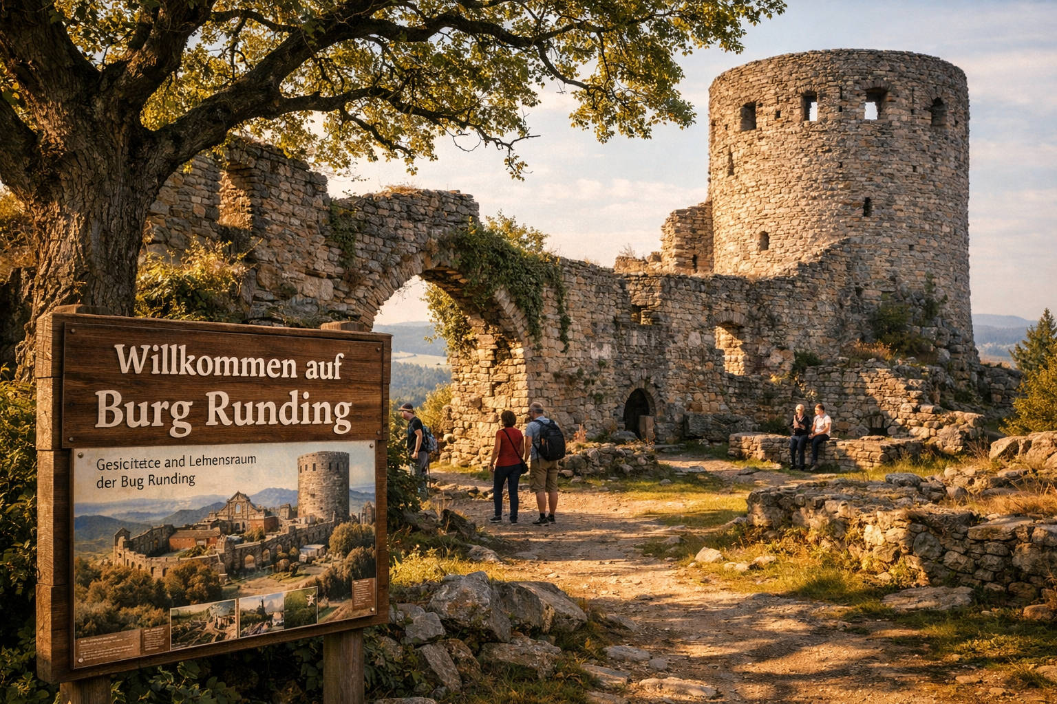 () detailed scene of the historic Burg Runding castle ruins in the Bavarian Forest near Cham, showing weathered grey